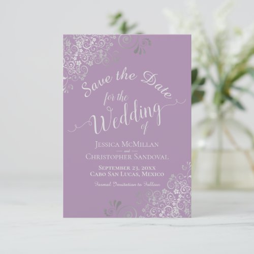 Elegant Silver Gray Lace Lavender Wedding Save The Date