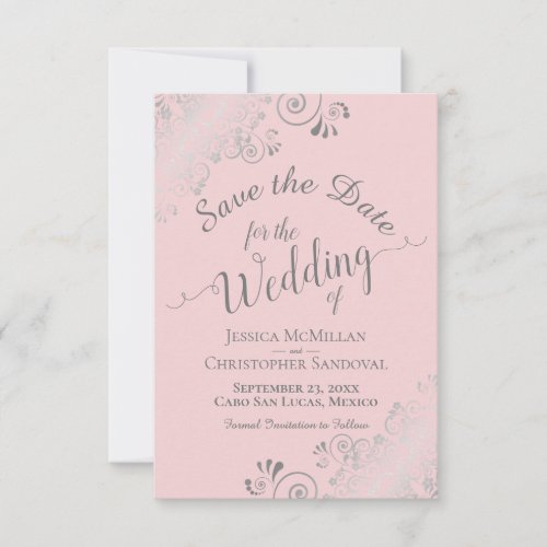 Elegant Silver Gray Lace on Blush Pink Wedding Save The Date