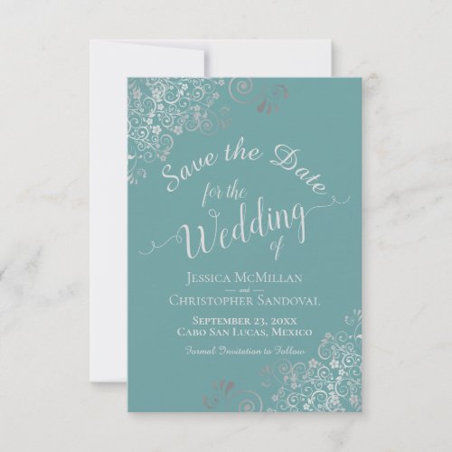 Elegant Silver Gray Lace Teal or Turquoise Wedding Save The Date