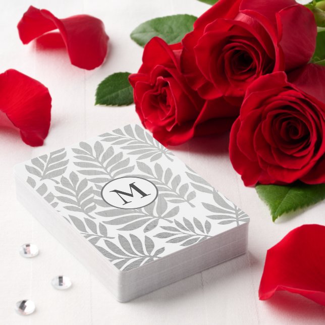 Elegant Silver-Gray Leaf Patterned Simple Monogram Euchre Cards (Insitu (Valentine))