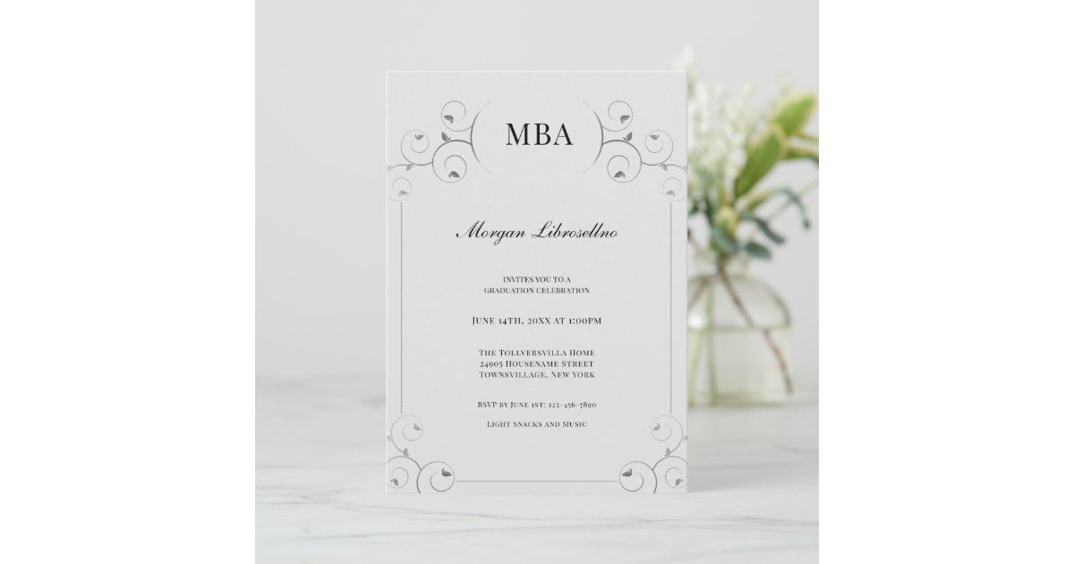 Elegant Silver Gray MBA Graduation Party Invitation Zazzle