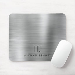 Elegant Silver Gray Metallic Monogram Name Mouse Pad