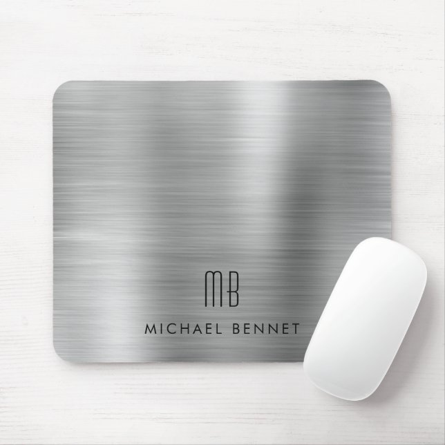 Elegant Silver Gray Metallic Monogram Name Mouse Pad (With Mouse)