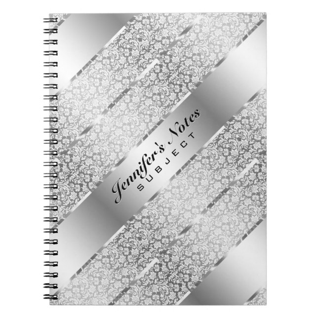 Elegant Silver Gray Metallic Stripes 2 Monogram Notebook (Front)