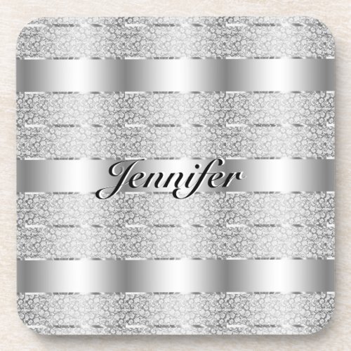 Elegant Silver Gray Metallic Stripes Monogram Beverage Coaster