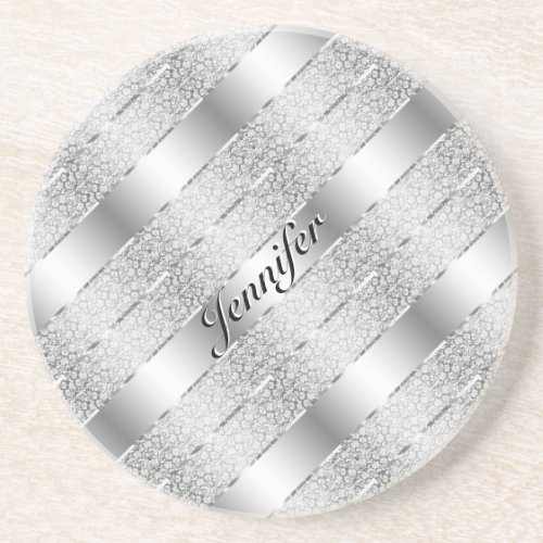Elegant Silver Gray Metallic Stripes Monogram Coaster