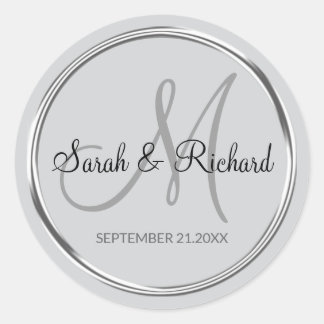 Elegant Silver Gray Monogrammed Wedding Favor Classic Round Sticker