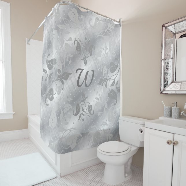 Elegant Silver Gray Nature Monogram Shower Curtain (In Situ)