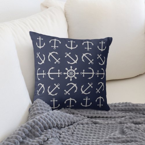 Elegant Silver Gray on Navy Blue Anchor Print Sofa Throw Pillow