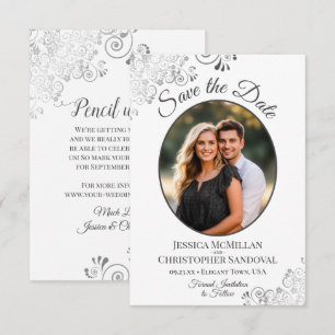 Elegant Silver & Gray on White Oval Photo Wedding Save The Date