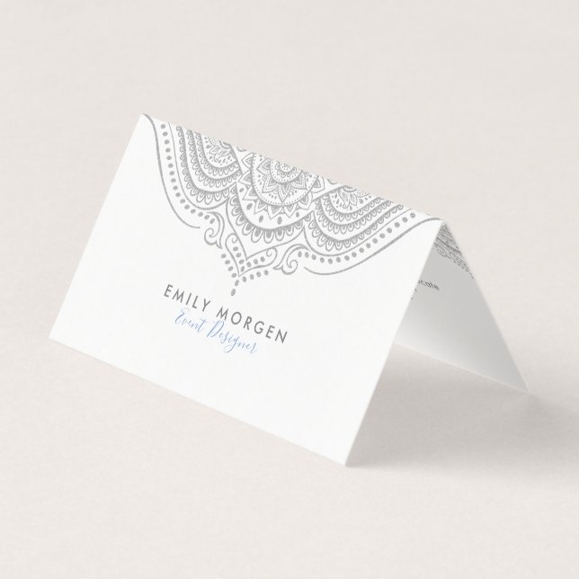 Elegant Silver-Gray Ornate Mandala Business Card (Front)
