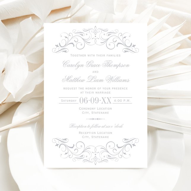Elegant Silver Gray Ornate Scroll Wedding Invitation (Creator Uploaded)