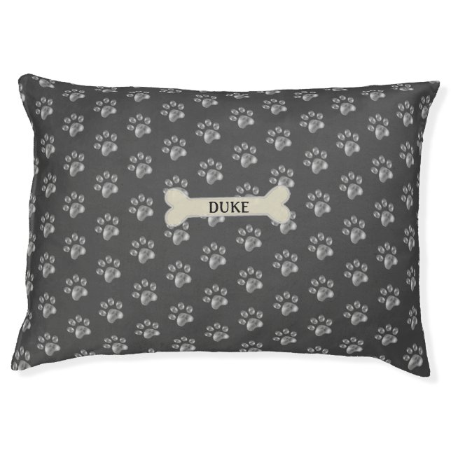 Elegant silver gray paws and bone with name pet bed (Front)