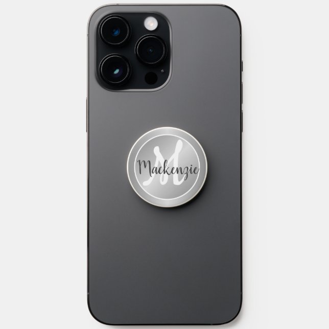 Elegant Silver Gray Steel Cool Ombre Monogram Name PopSocket (Front)