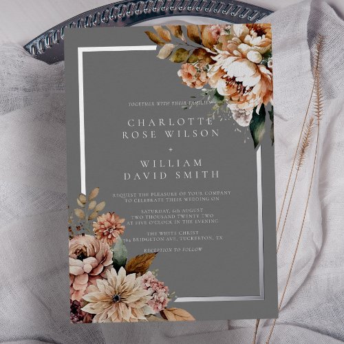 Elegant Silver Gray Watercolor Flowers Wedding Foil Invitation
