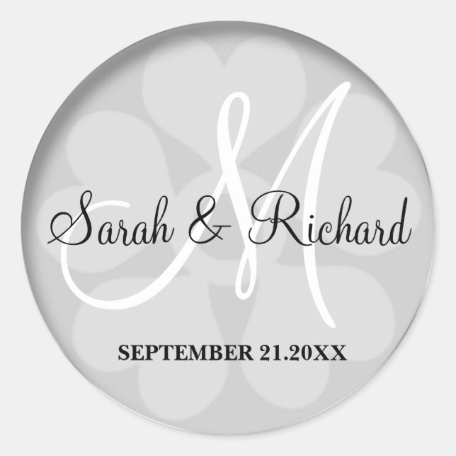 Elegant Silver Gray Wedding Monogram Classic Round Sticker (Front)