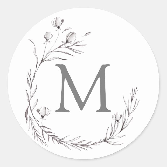 Elegant Silver Gray White Botanical Wreath Wedding Classic Round Sticker (Front)
