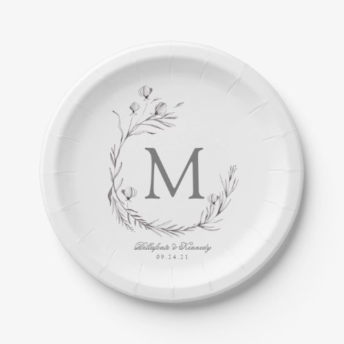 Elegant Silver Gray White Botanical Wreath Wedding Paper Plates