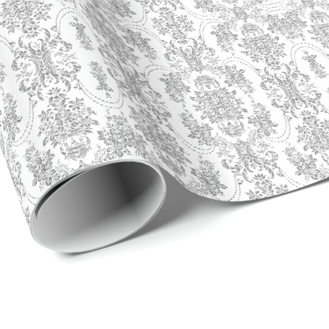 Elegant Silver Gray & White Ornate Floral Pattern Wrapping Paper (Roll Corner)