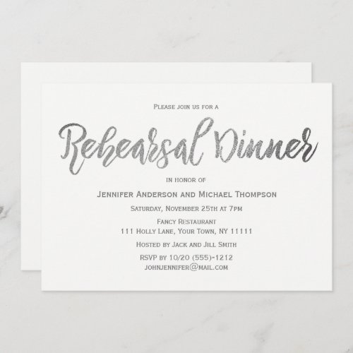 Elegant Silver Gray White  Rehearsal Dinner Invitation