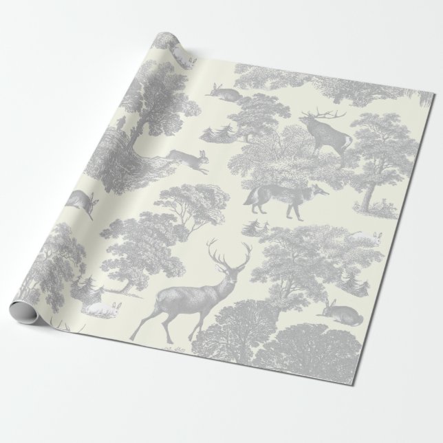 Elegant Silver Gray White Toile Deer Woodland Wrapping Paper (Unrolled)