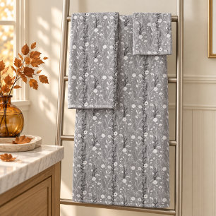 Elegant Silver Gray Wildflower Meadow Botanical Bath Towel Set
