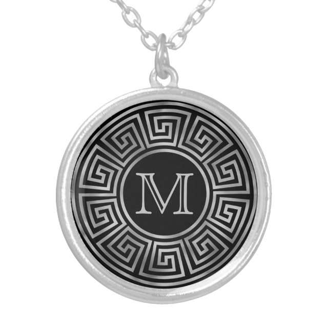 Elegant Silver Greek Keys Monogram Silver Plated Necklace (Front)