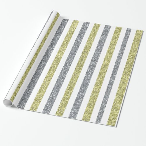 Elegant Silver Green Glitter Striped Holiday Wrapping Paper