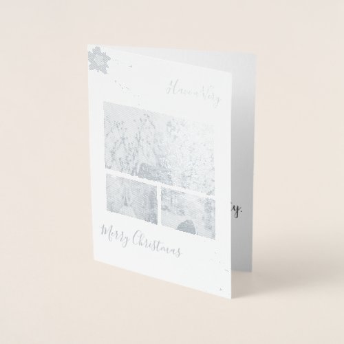 Elegant Silver Greenery Red Flower Christmas Photo Foil Card