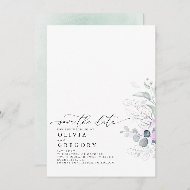Elegant Silver Greenery Save The Date Announcement (Front/Back)