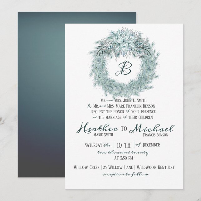 Elegant Silver Greenish Blue Christmas Wedding Invitation (Front/Back)