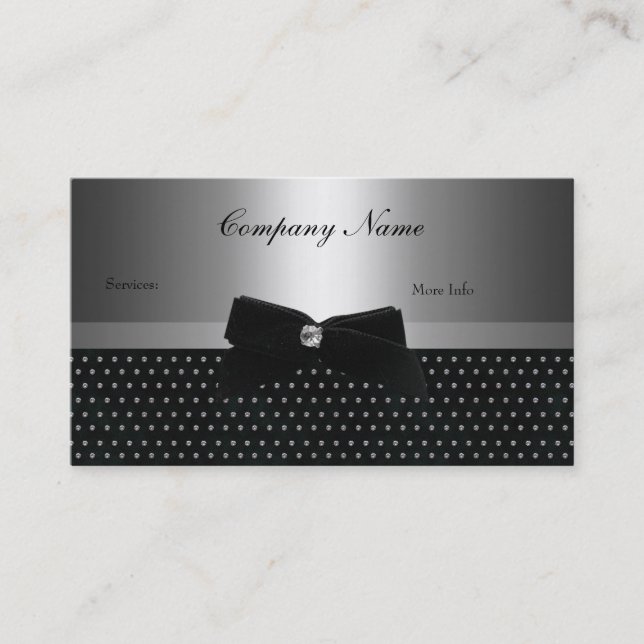 Elegant Silver Grey Black Metal Spots Bow Business Card (Front)