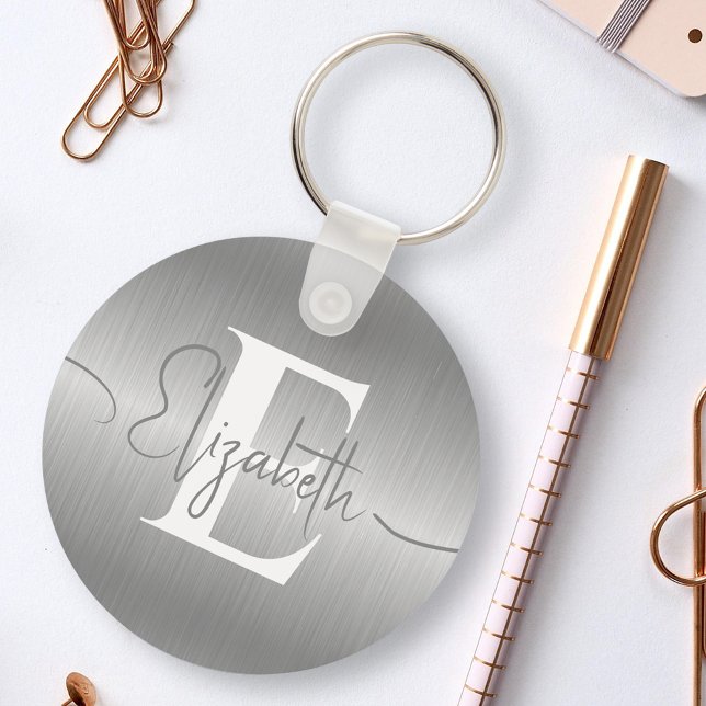 Elegant Silver Grey Brushed Metallic Monogrammed Keychain (Creator Uploaded)