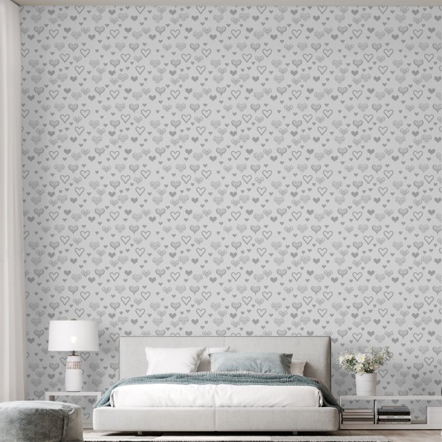 Elegant Silver Grey Decorative Heart Pattern Wallpaper (Bedroom)