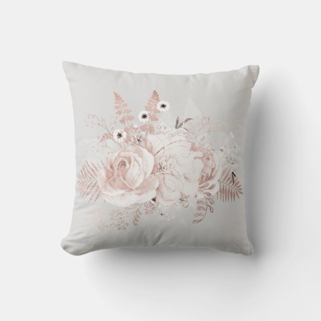Elegant Silver Grey Dusty Rose Floral Throw Pillow (Front)
