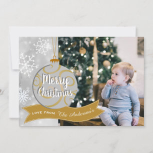 Elegant Silver Grey Gold Bauble Photo Christmas Holiday Card