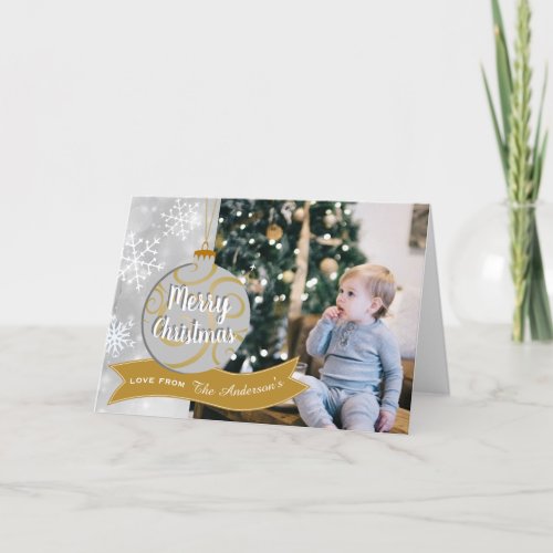 Elegant Silver Grey Gold Bauble Photo Christmas Holiday Card