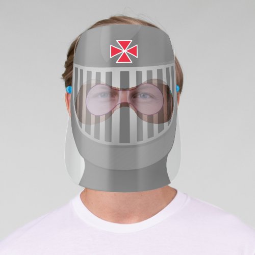 Elegant silver grey knight helmet  red cross face shield