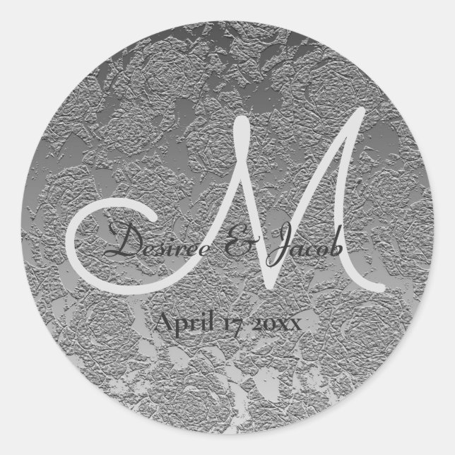 Elegant Silver Grey Monogram Modern Wedding Classic Round Sticker (Front)