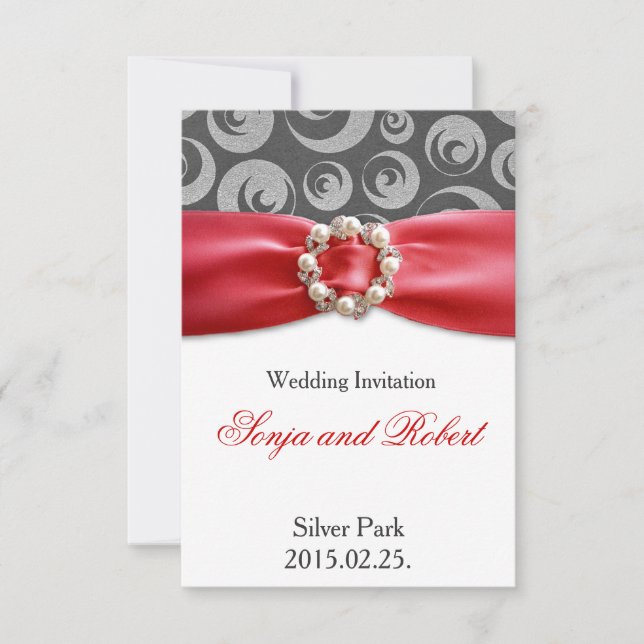 Elegant Silver Grey Red Ribbon Wedding Invitation (Front)