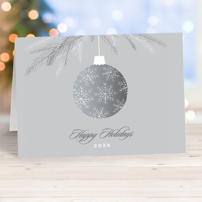 Elegant Silver Happy Holidays Ornament Business Holiday Card (Creator Uploaded)