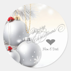Elegant Silver Heart Christmas Balls Branches Classic Round Sticker