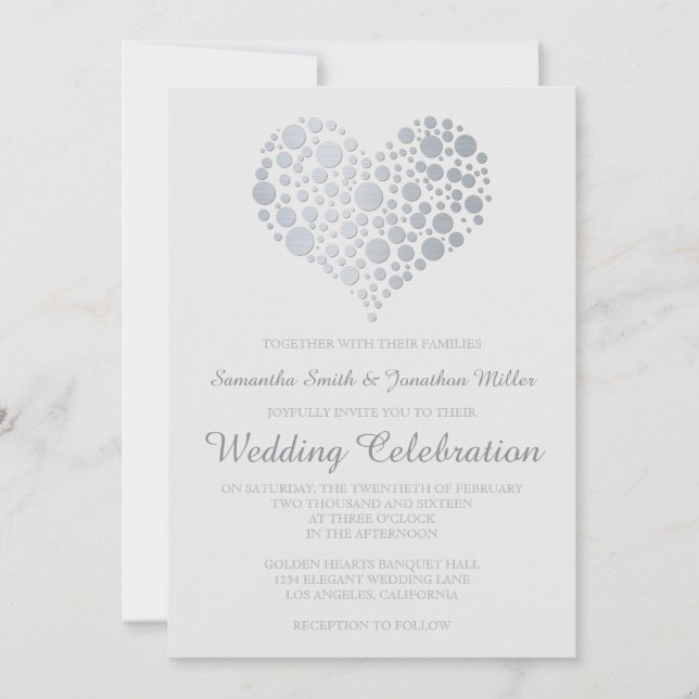 Elegant Silver Heart Light Gray Wedding Invitation (Front)