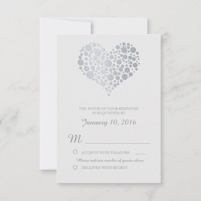 Elegant Silver Heart Light Gray Wedding RSVP (Front)