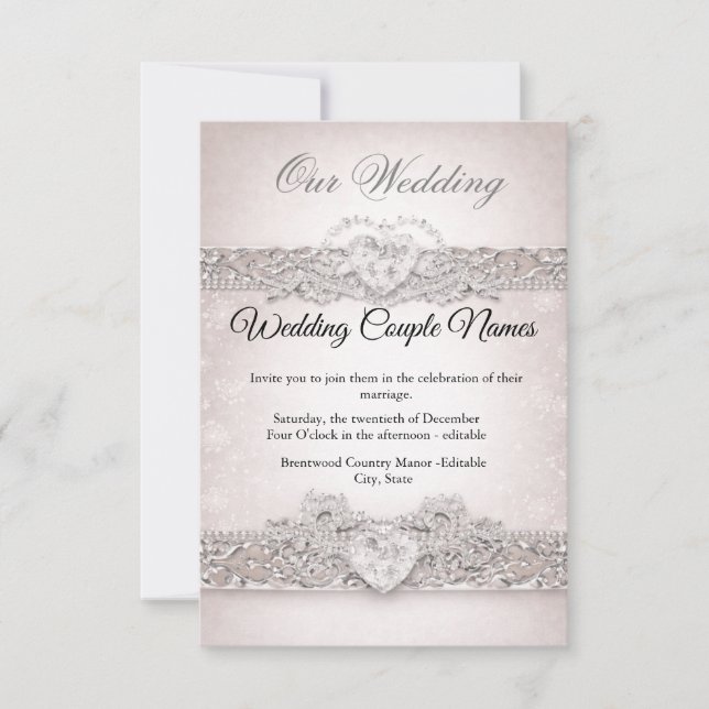 Elegant Silver Heart Wedding Invitations (Front)