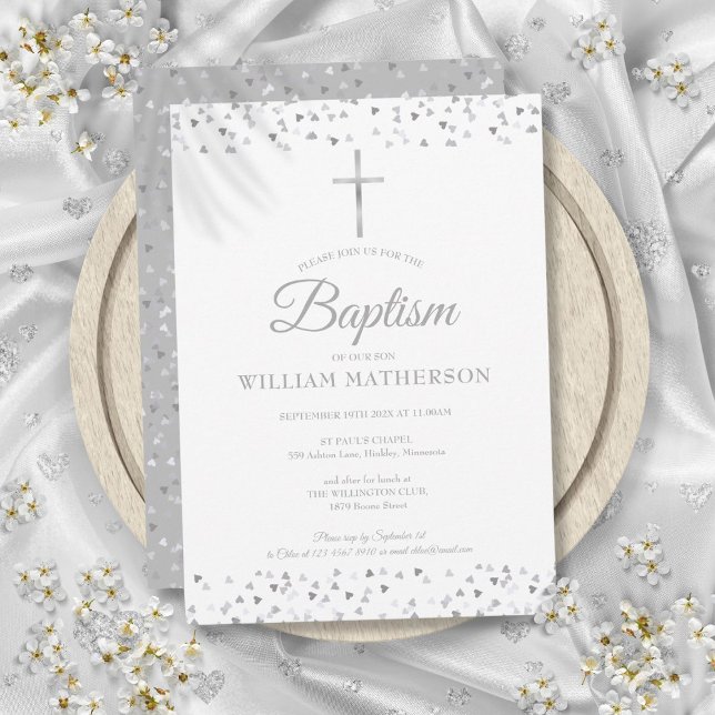 Elegant Silver Hearts Baptism Christening Invitation (Elegant Silver Hearts Baptism Christening Invitation)