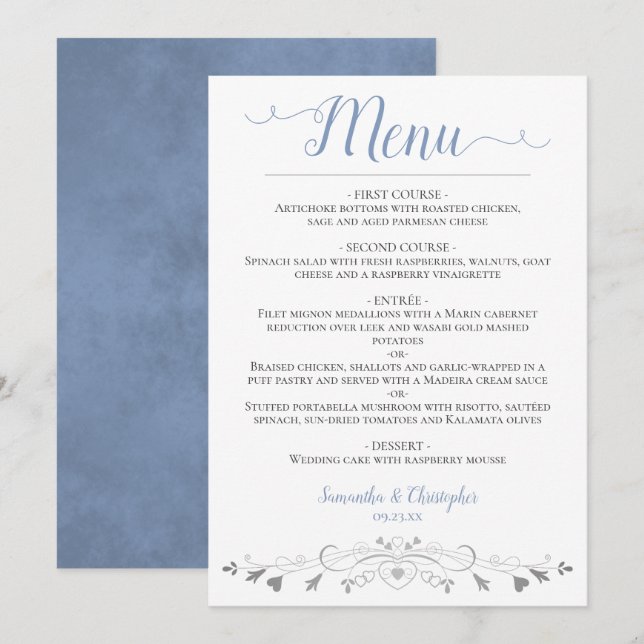 Elegant Silver Hearts Filigree Dusty Blue Wedding Menu (Front/Back)