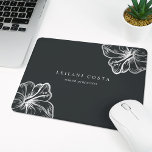 Elegant Silver Hibiscus Flower Mouse Pad<br><div class="desc">Island chic personalized mousepad for your business or home office features two lines of custom text in classic white lettering,  on a soft black background adorned with two tropical hibiscus flower illustrations in faux silver foil for a beach glam look.</div>