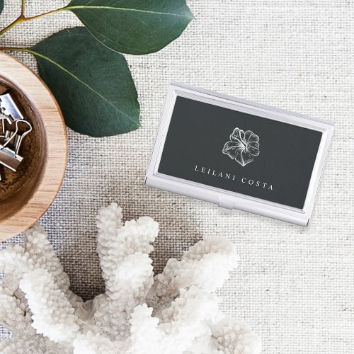 Elegant Silver Hibiscus Flower Personalized Business Card Case