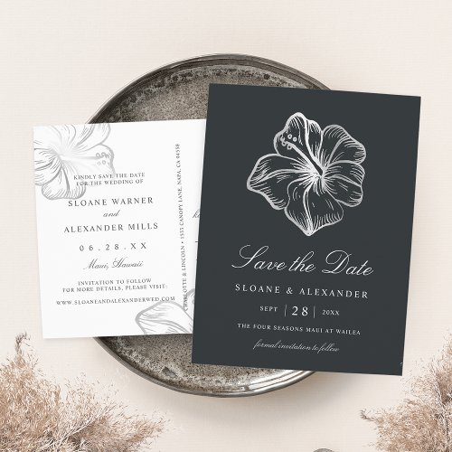 Elegant Silver Hibiscus Flower Save the Date Announcement Postcard